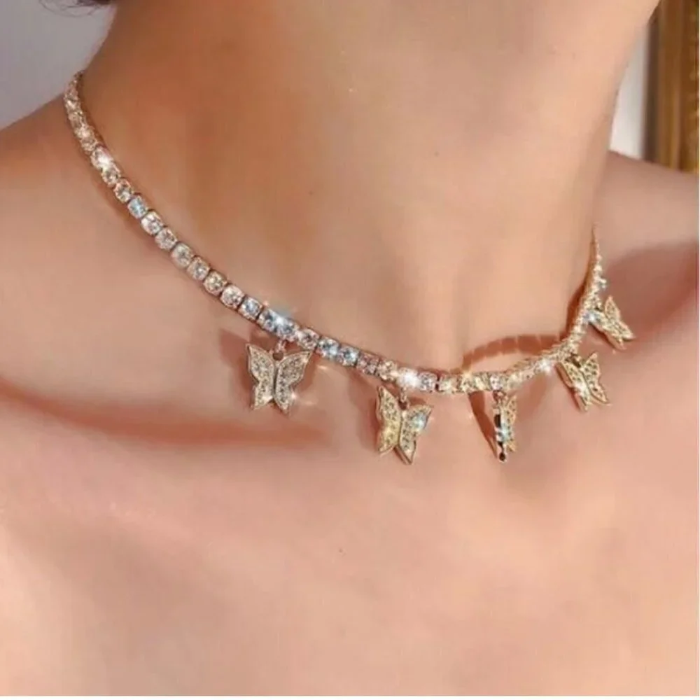 New Butterfly Pendant Necklace Rhinestone Chain Crystal